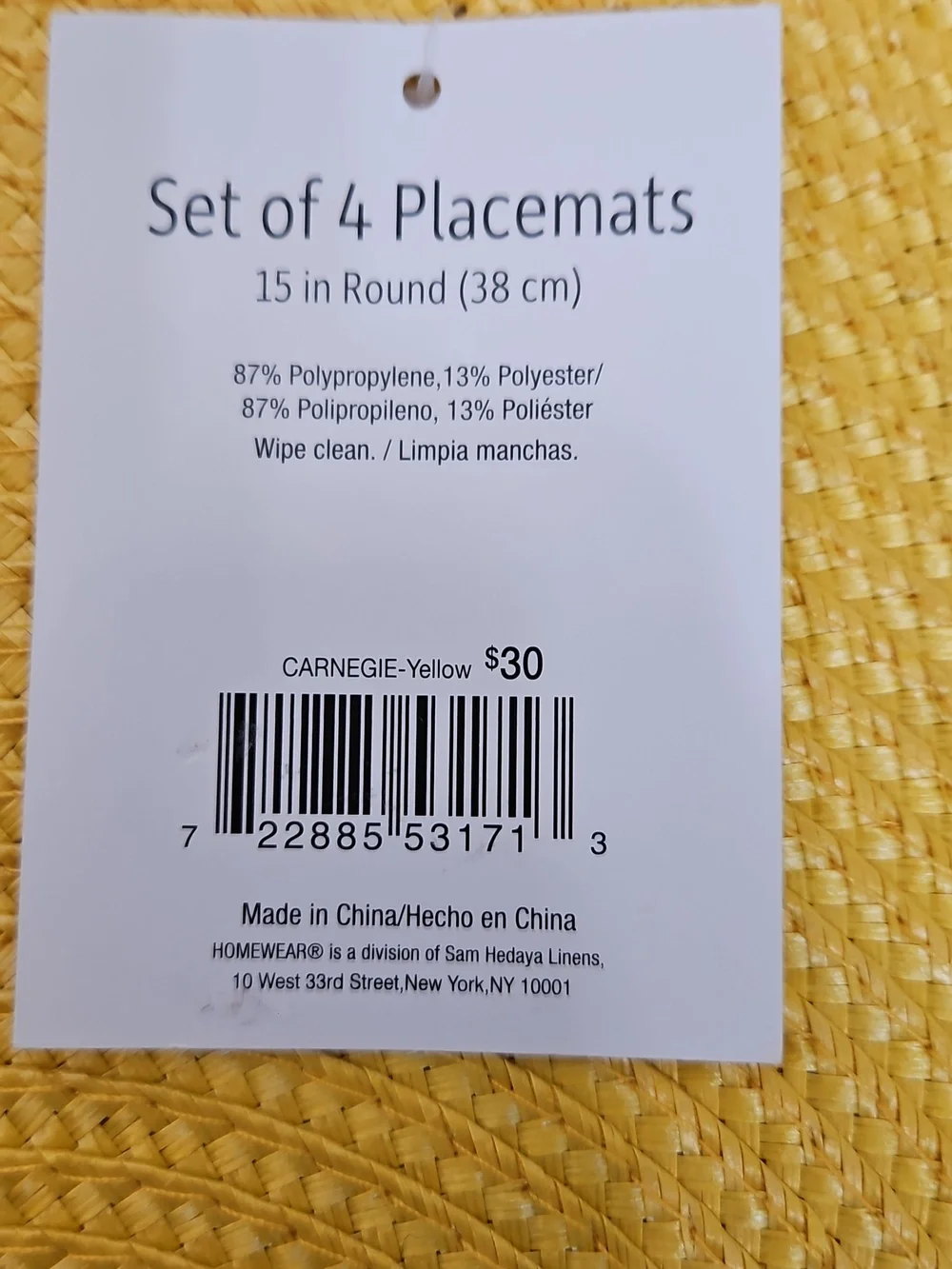 Everyday Elegance Yellow Round Placemats Set of 4 15